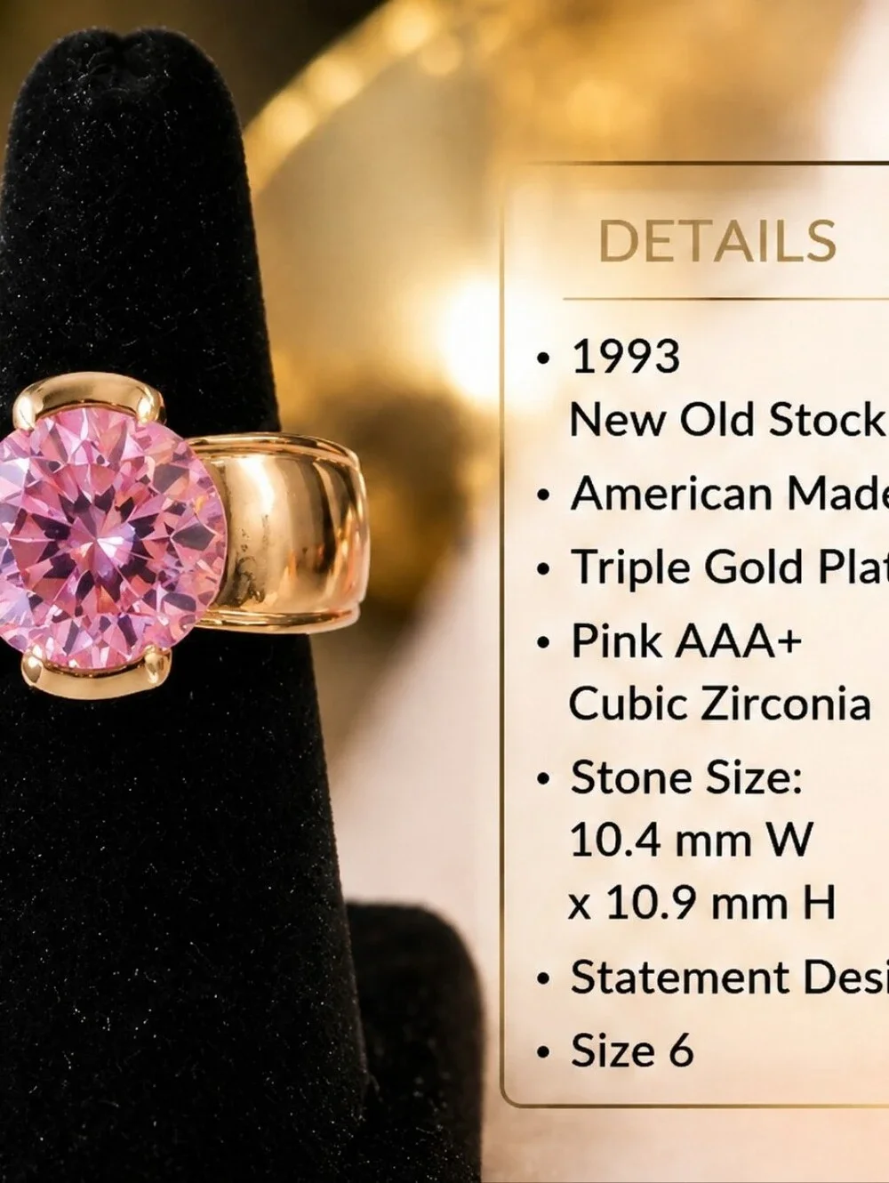 Vintage 1993 Pink Ice AAA+ CZ Gold Plated Cocktail Ring NOS Size 8